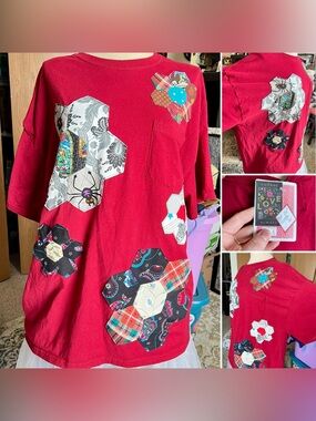 Quilty Tshirt - Maroon Hexie Flowers